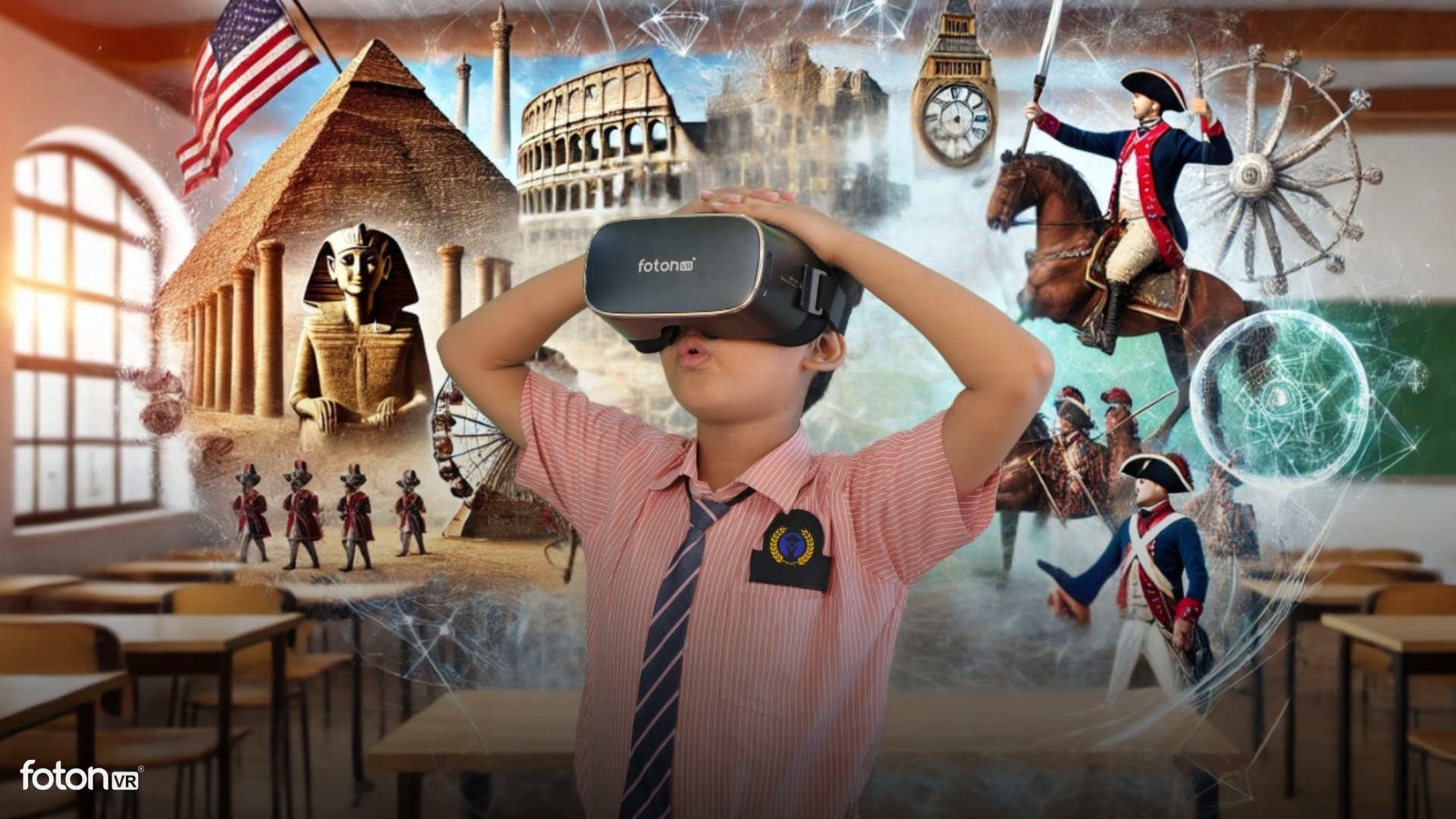 Student exploring history through fotonVR headset
